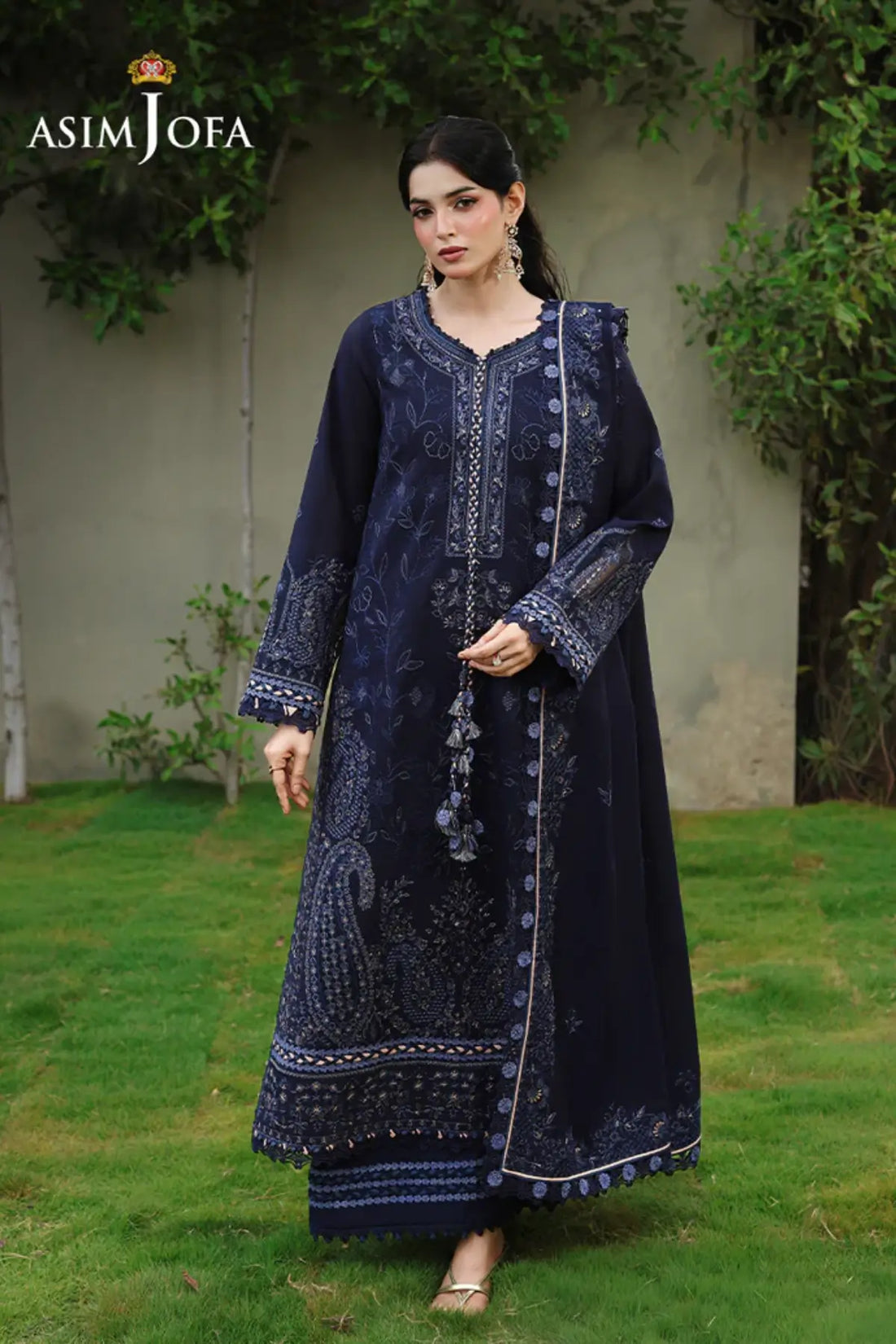 AJULC-07 Asim Jofa navy blue paper cotton suit with embroidered paper cotton dupatta and boski silk trouser