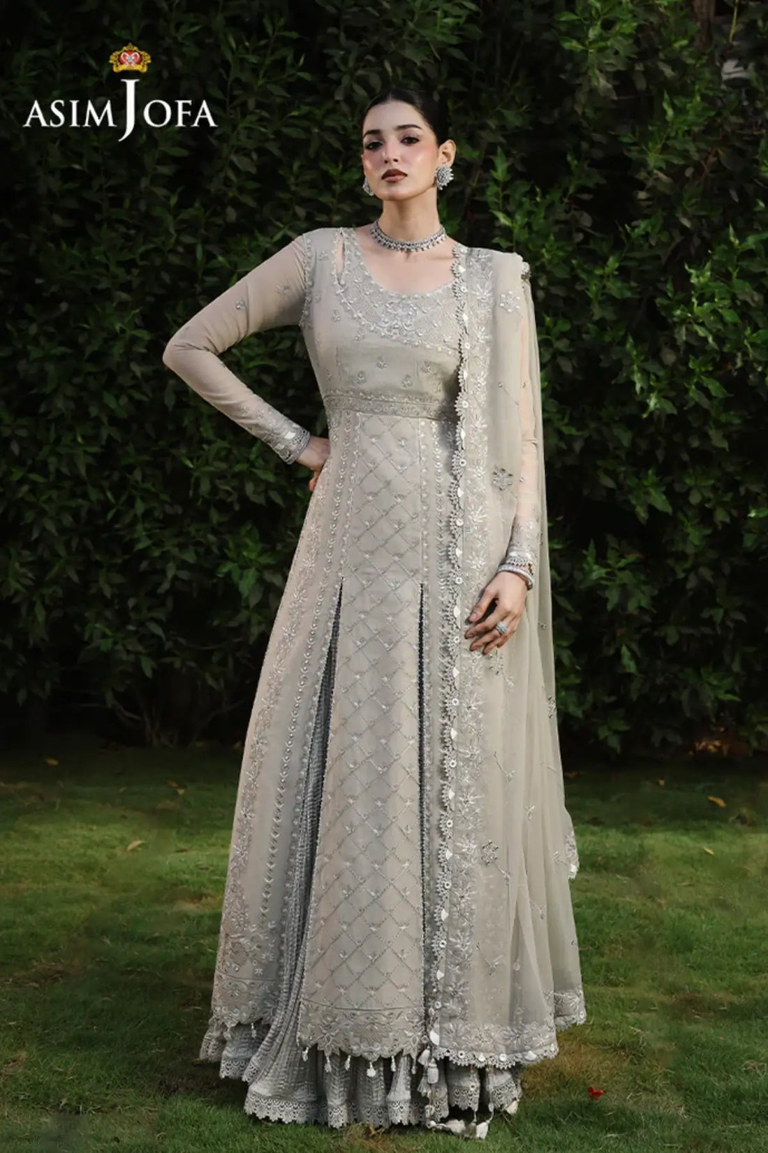 AJULC-08 Asim Jofa Chikankaari '26 beige embroidered chiffon suit with embroidered chiffon dupatta and malai silk trouser