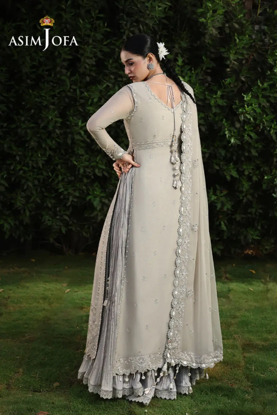 AJULC-08 Asim Jofa Chikankaari '26 beige embroidered chiffon suit with embroidered chiffon dupatta and malai silk trouser