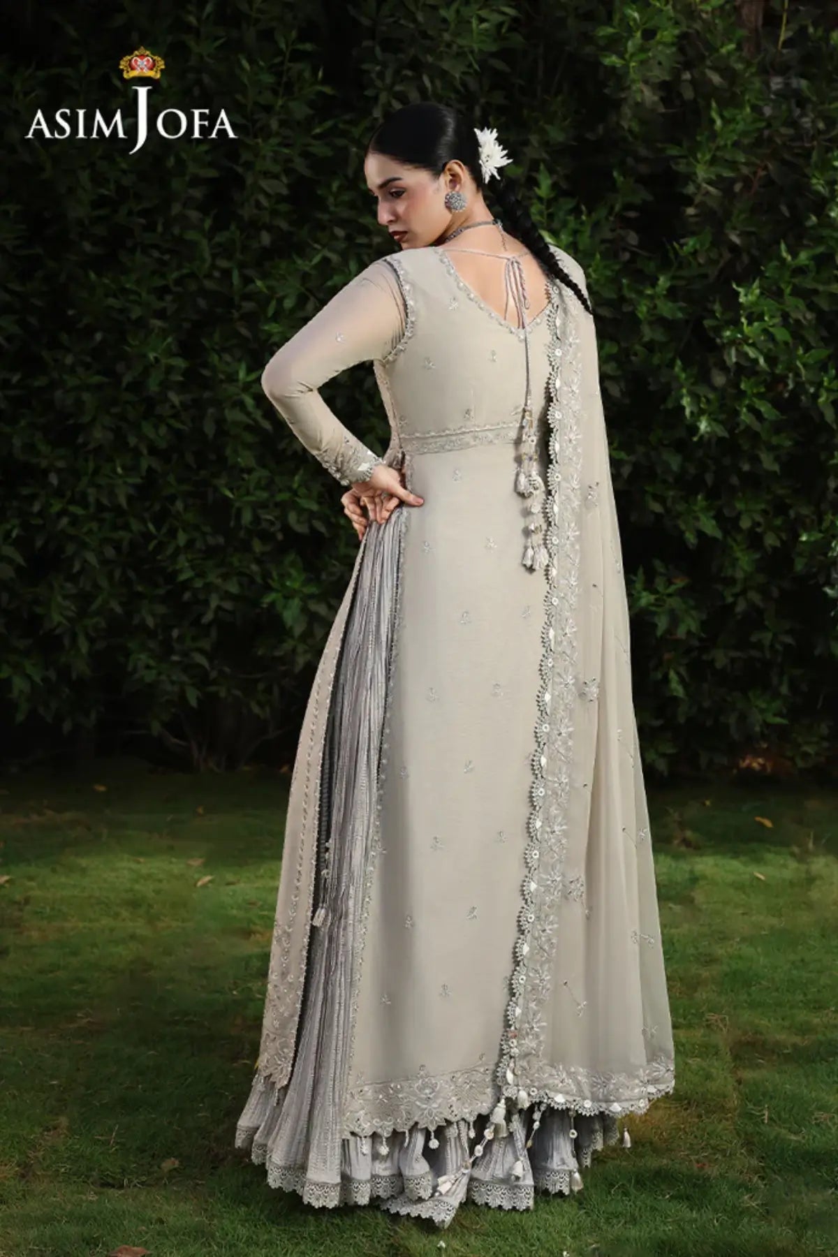 AJULC-08 Asim Jofa Chikankaari '26 beige embroidered chiffon suit with embroidered chiffon dupatta and malai silk trouser