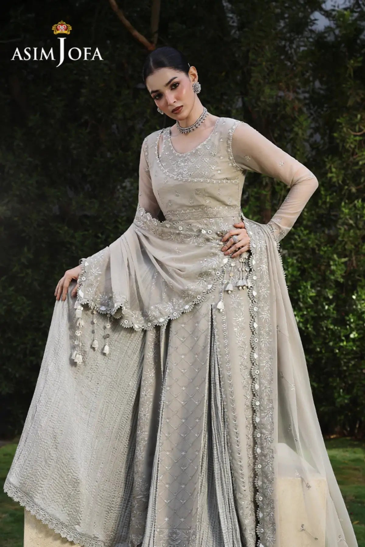 AJULC-08 Asim Jofa Chikankaari '26 beige embroidered chiffon suit with embroidered chiffon dupatta and malai silk trouser