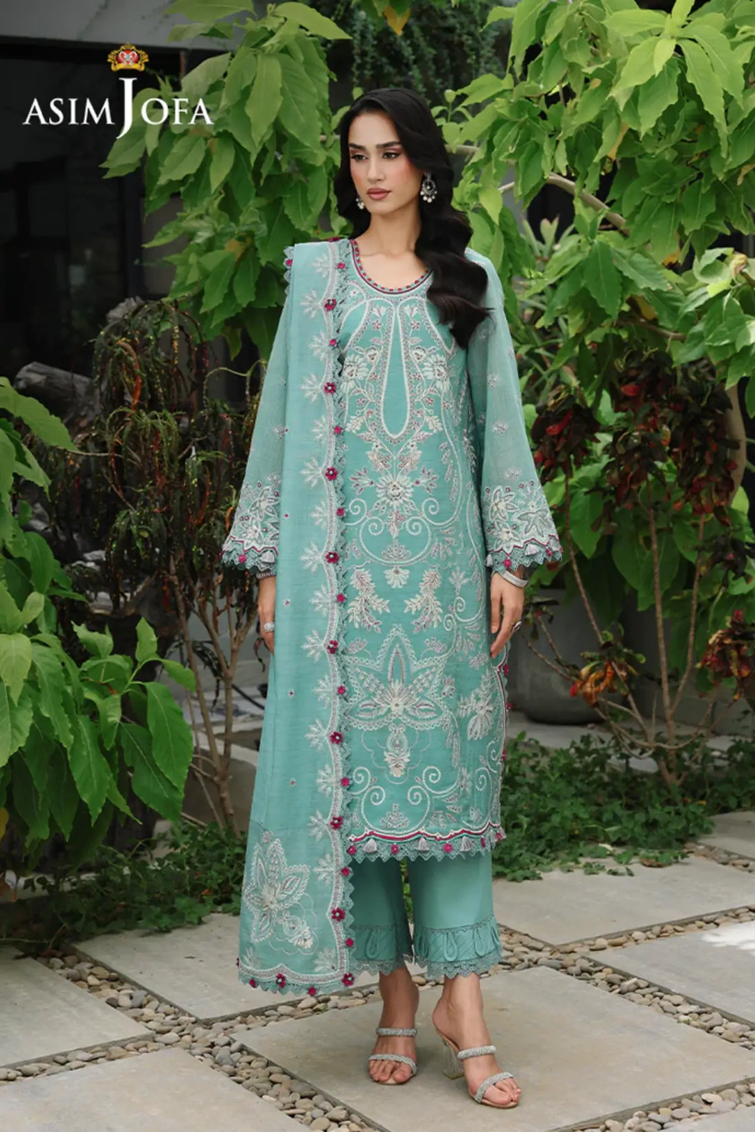AJULC-09 Asim Jofa Chikankaari '26 seafoam green paper cotton suit with embroidered dupatta and malai silk trouser