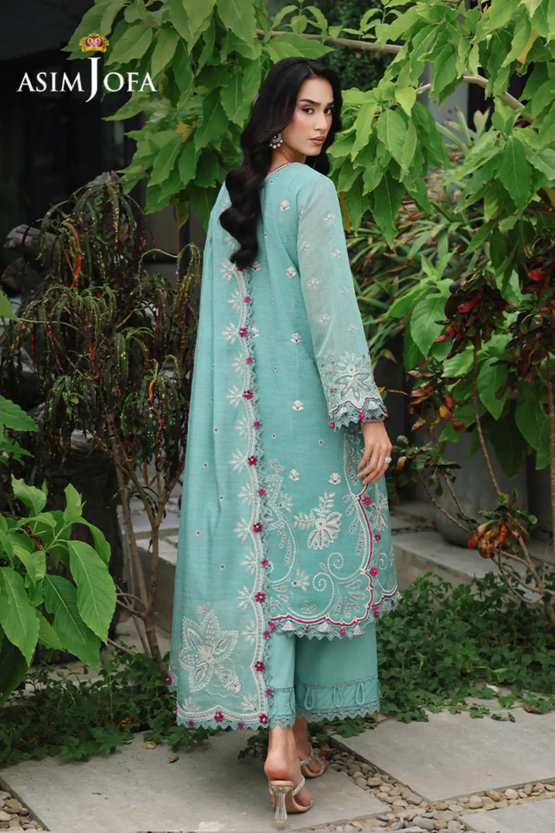 AJULC-09 Asim Jofa Chikankaari '26 seafoam green paper cotton suit with embroidered dupatta and malai silk trouser