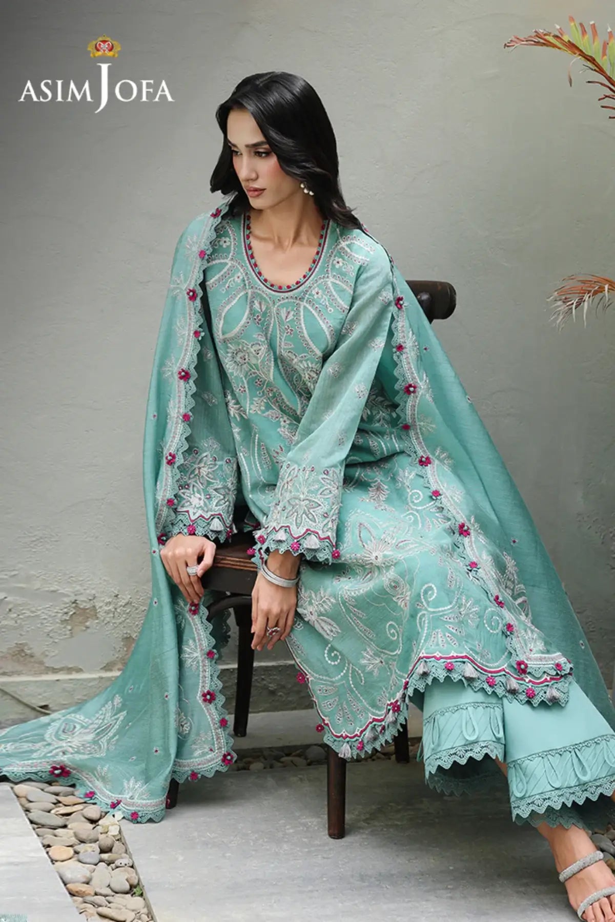 AJULC-09 Asim Jofa Chikankaari '26 seafoam green paper cotton suit with embroidered dupatta and malai silk trouser