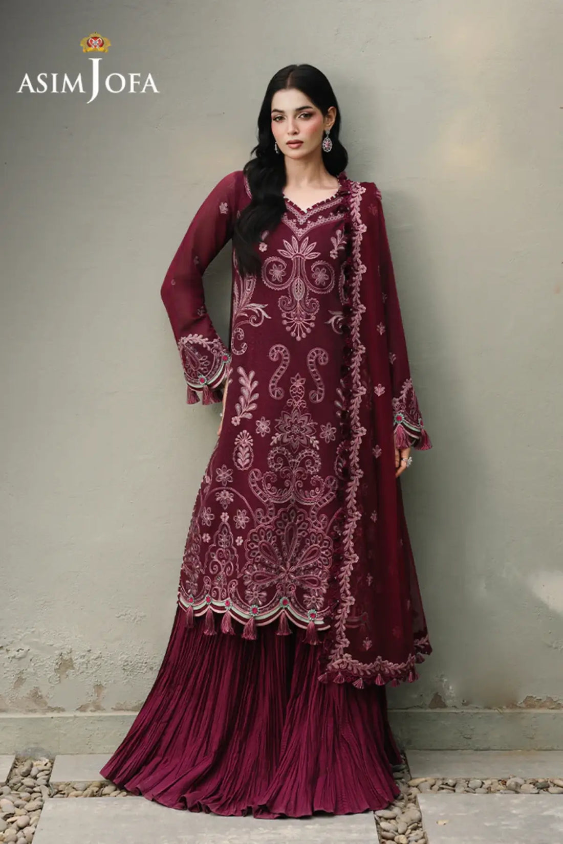 AJULC-10 Asim Jofa Chikankaari '26 magenta self jacquard suit with embroidered poly net dupatta and malai silk trouser