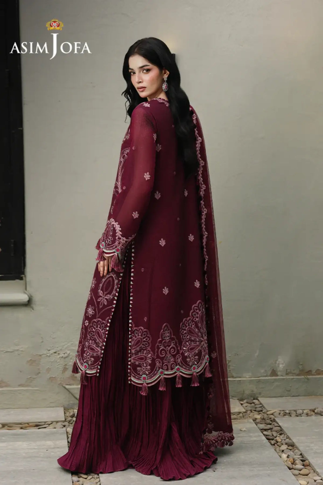 AJULC-10 Asim Jofa Chikankaari '26 magenta self jacquard suit with embroidered poly net dupatta and malai silk trouser