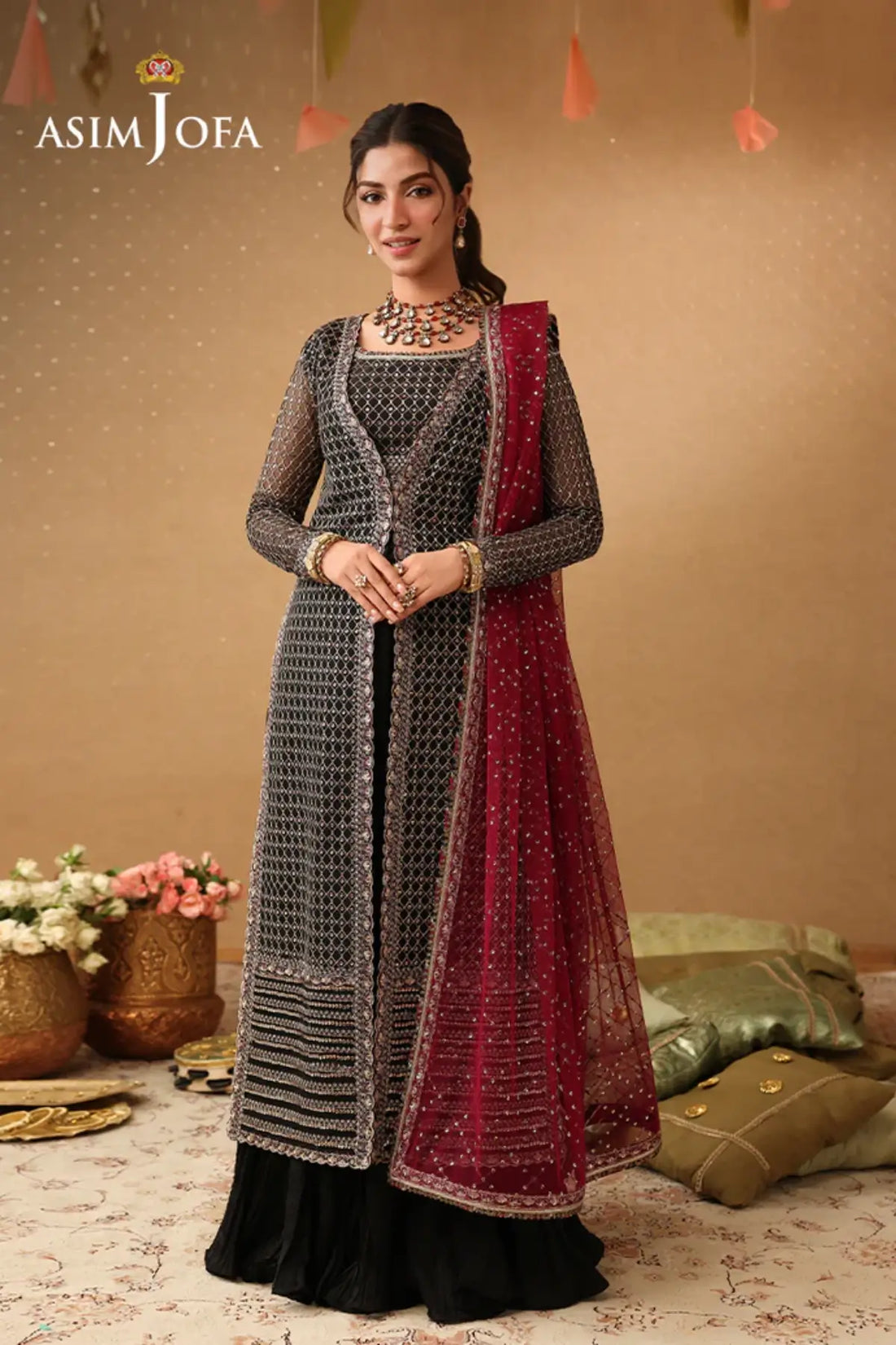 AJULIF-01 Black Luxury Poly Net Stitched 3PC Suit by Asim Jofa featuring elegant embroidery, front-open jacket design,