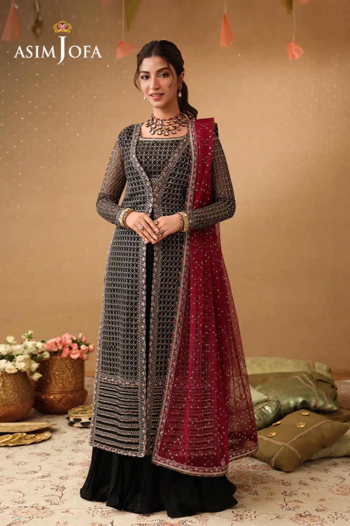 AJULIF-01 Black Luxury Poly Net Stitched 3PC Suit by Asim Jofa featuring elegant embroidery, front-open jacket design,