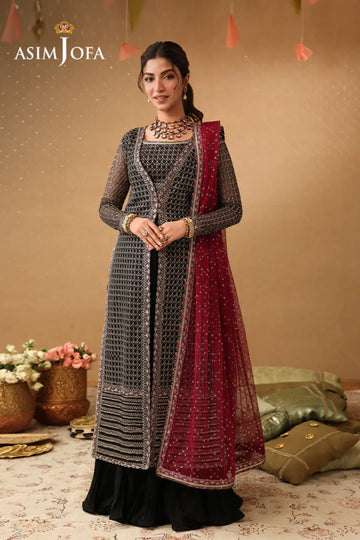 AJULIF-01 Black Luxury Poly Net Stitched 3PC Suit by Asim Jofa featuring elegant embroidery, front-open jacket design,