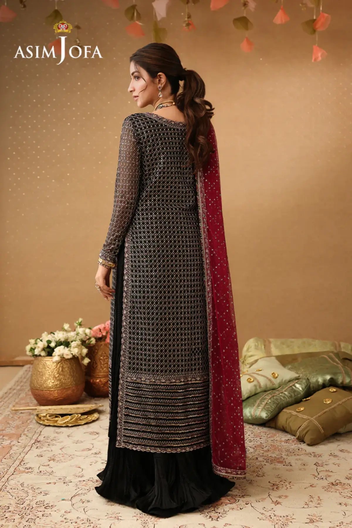 AJULIF-01 Black Luxury Poly Net Stitched 3PC Suit by Asim Jofa featuring elegant embroidery, front-open jacket design,