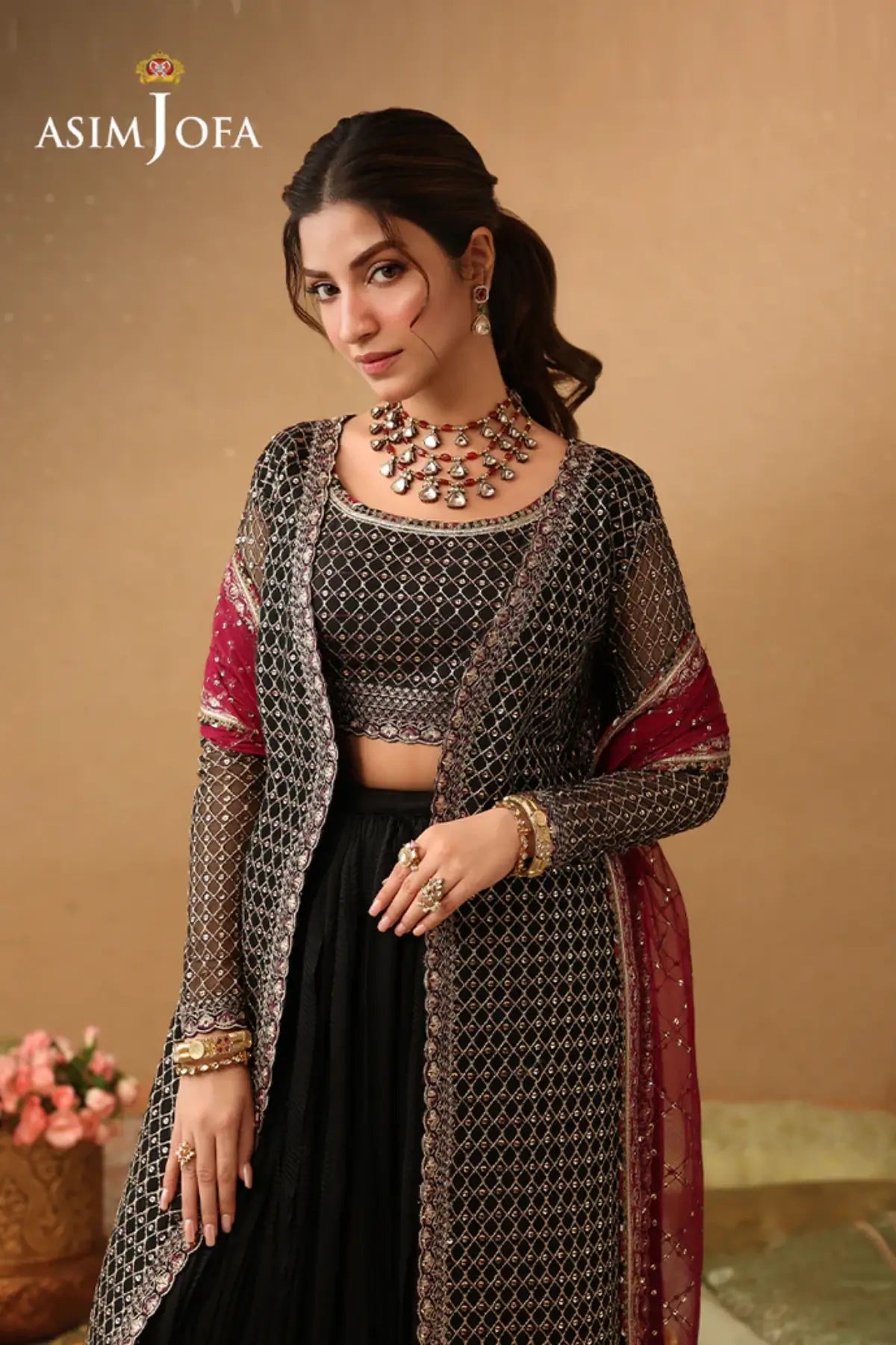 AJULIF-01 Black Luxury Poly Net Stitched 3PC Suit by Asim Jofa featuring elegant embroidery, front-open jacket design,