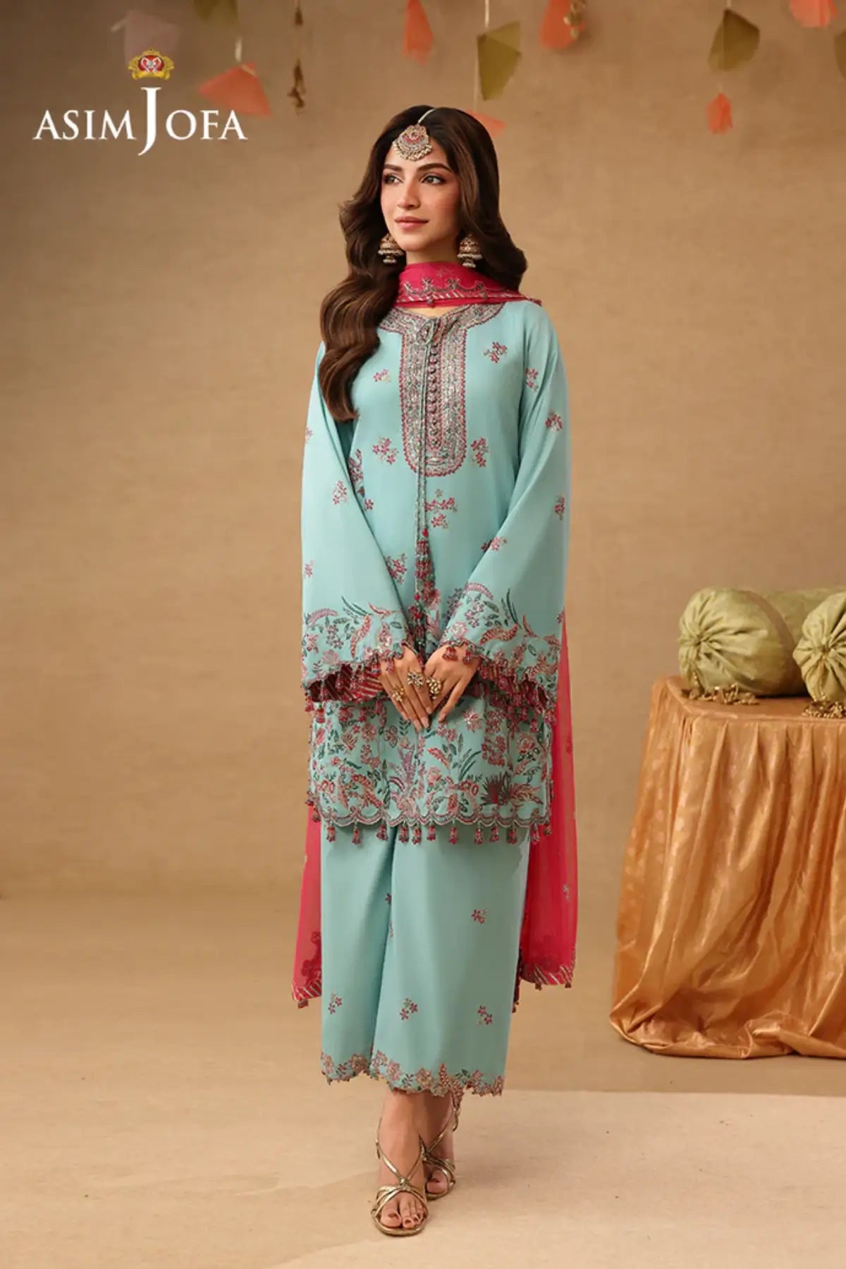 AJULIF-02 Light Ferozi Raw Silk Stitched 3PC Suit by Asim Jofa featuring colorful embroidery, premium raw silk, and elegant festive Pakistani designer wear.