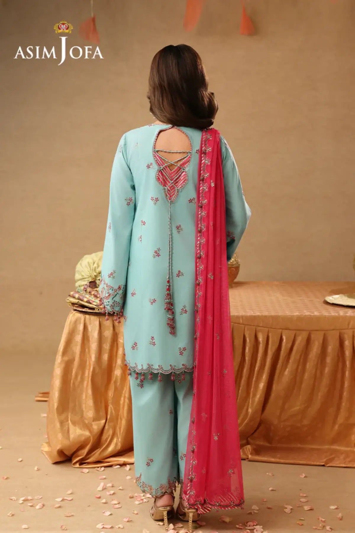AJULIF-02 Light Ferozi Raw Silk Stitched 3PC Suit by Asim Jofa featuring colorful embroidery, premium raw silk, and elegant festive Pakistani designer wear.