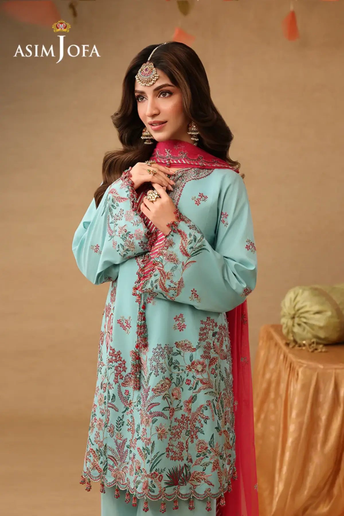 AJULIF-02 Light Ferozi Raw Silk Stitched 3PC Suit by Asim Jofa featuring colorful embroidery, premium raw silk, and elegant festive Pakistani designer wear.