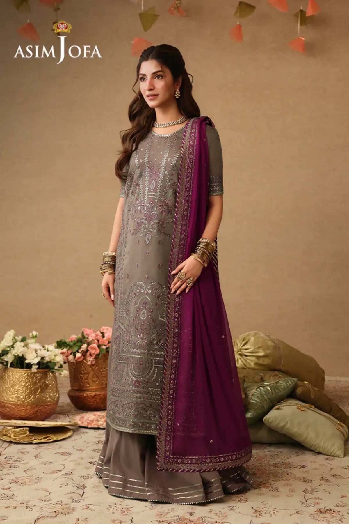 AJULIF-03 Asim Jofa Light Brown Paper Cotton Stitched 3PC Suit with rose gold embroidery, chiffon dupatta, and premium Pakistani designer craftsmanship.