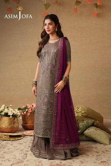 AJULIF-03 Asim Jofa Light Brown Paper Cotton Stitched 3PC Suit with rose gold embroidery, chiffon dupatta, and premium Pakistani designer craftsmanship.