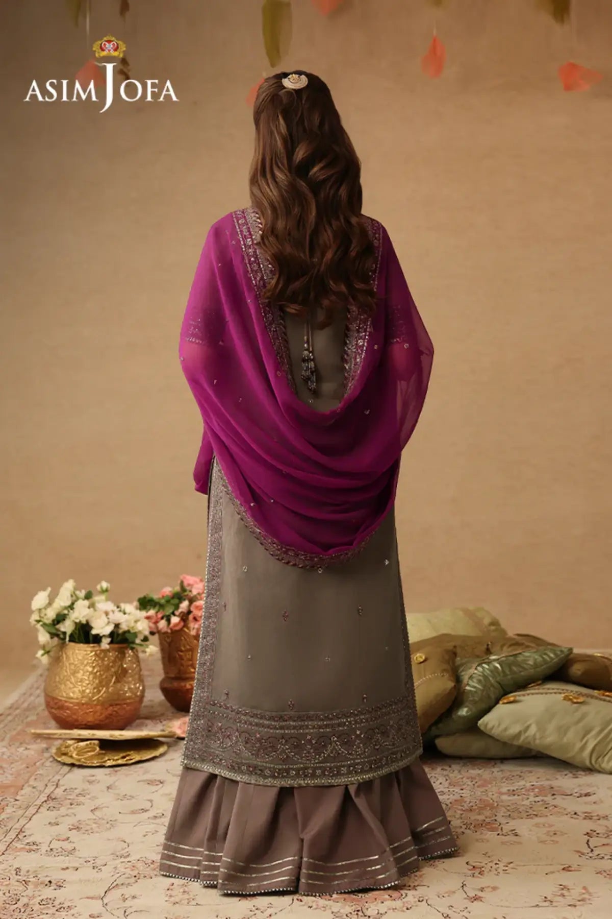 AJULIF-03 Asim Jofa Light Brown Paper Cotton Stitched 3PC Suit with rose gold embroidery, chiffon dupatta, and premium Pakistani designer craftsmanship.