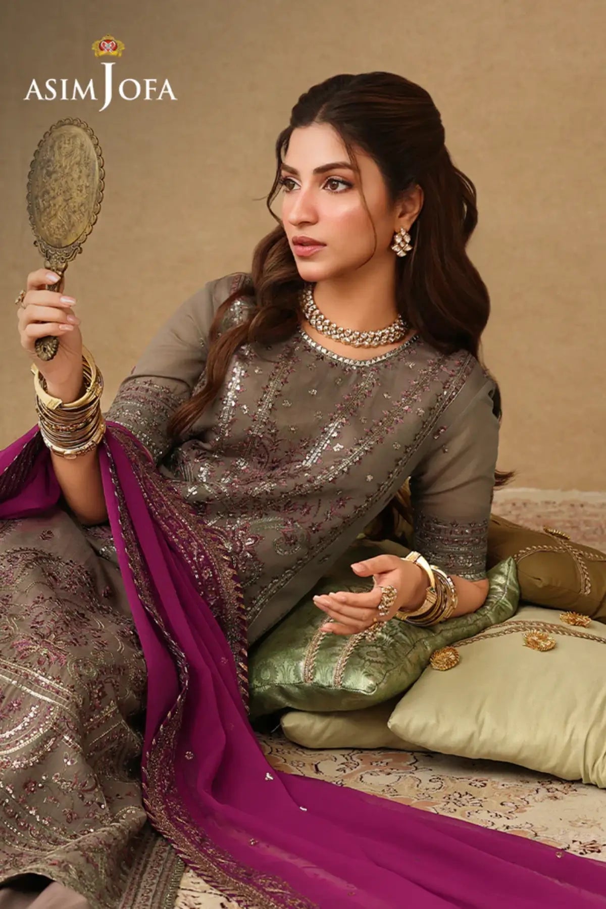 AJULIF-03 Asim Jofa Light Brown Paper Cotton Stitched 3PC Suit with rose gold embroidery, chiffon dupatta, and premium Pakistani designer craftsmanship.