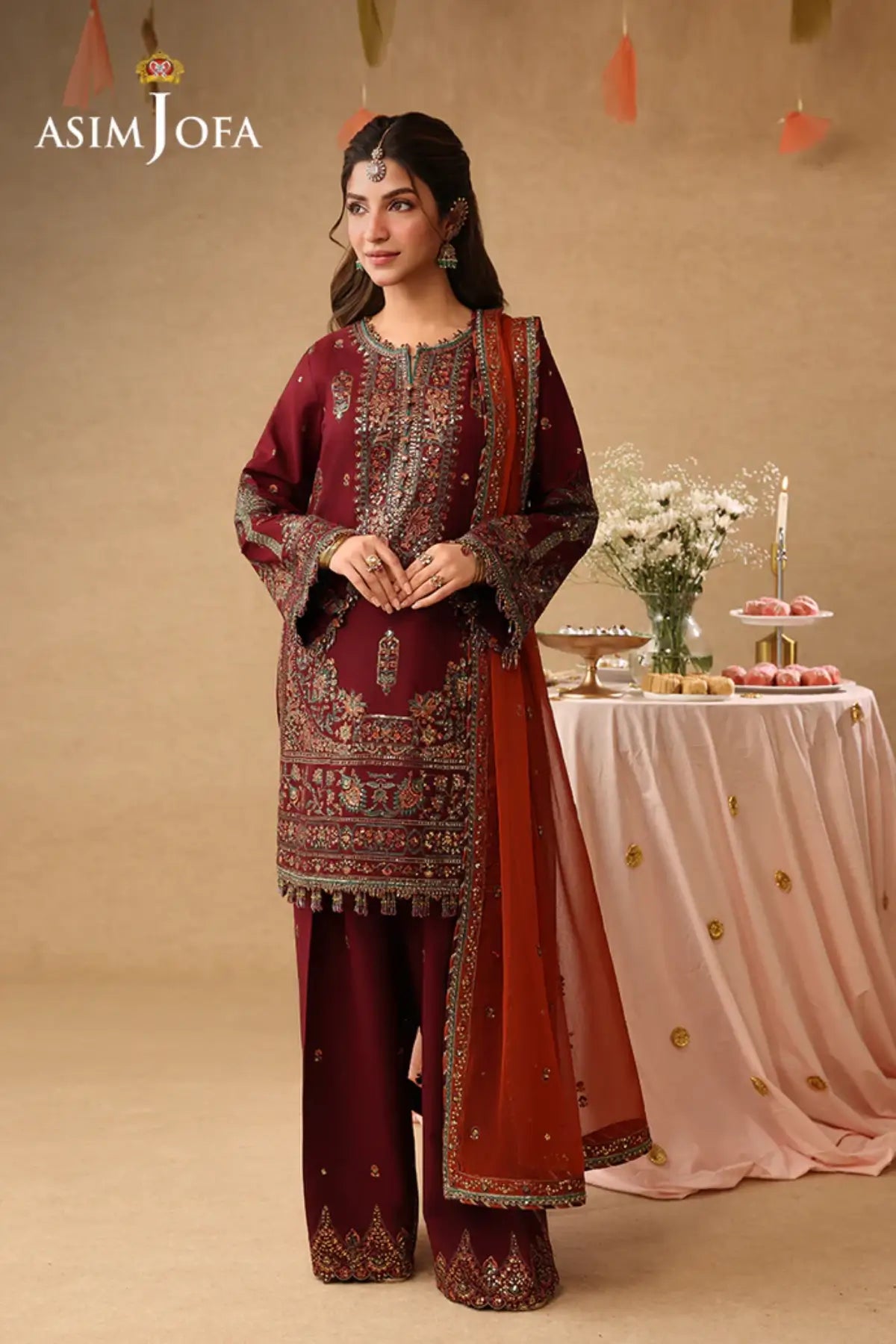 AJULIF-04 Asim Jofa Maroon Embroidered Boski Silk 3PC Suit featuring intricate antique gold embroidery, rust chiffon dupatta.