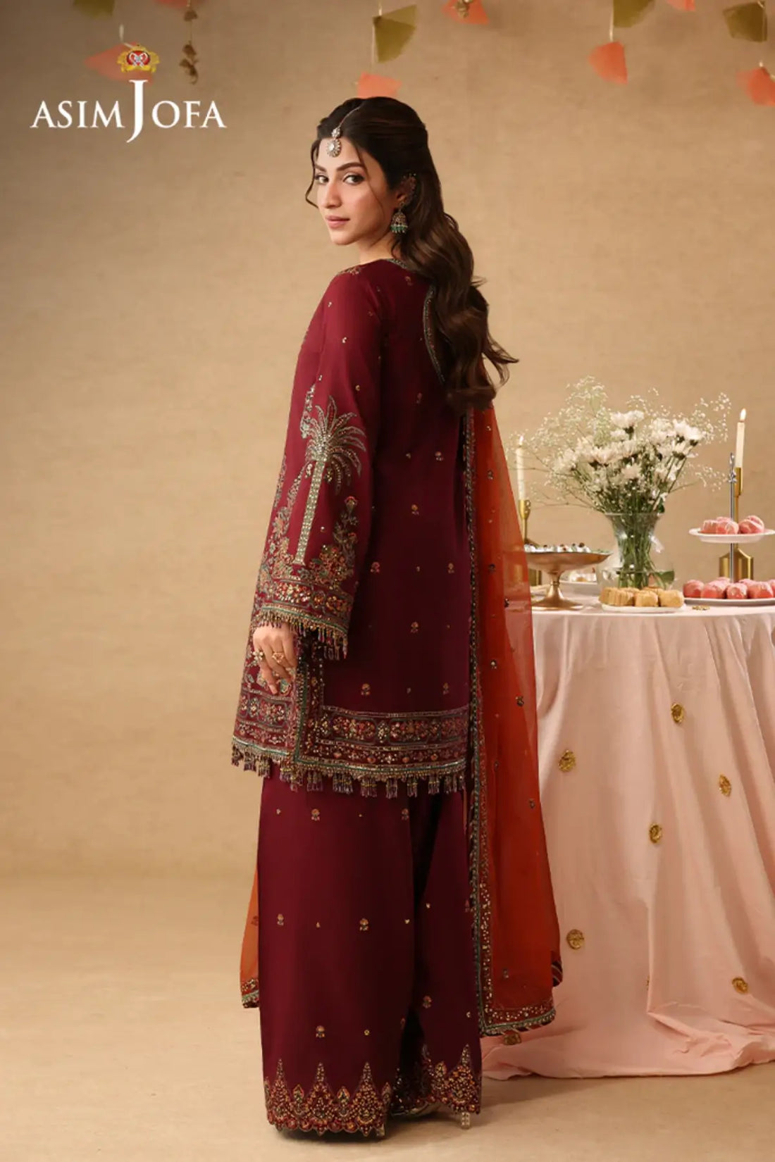 AJULIF-04 Asim Jofa Maroon Embroidered Boski Silk 3PC Suit featuring intricate antique gold embroidery, rust chiffon dupatta.
