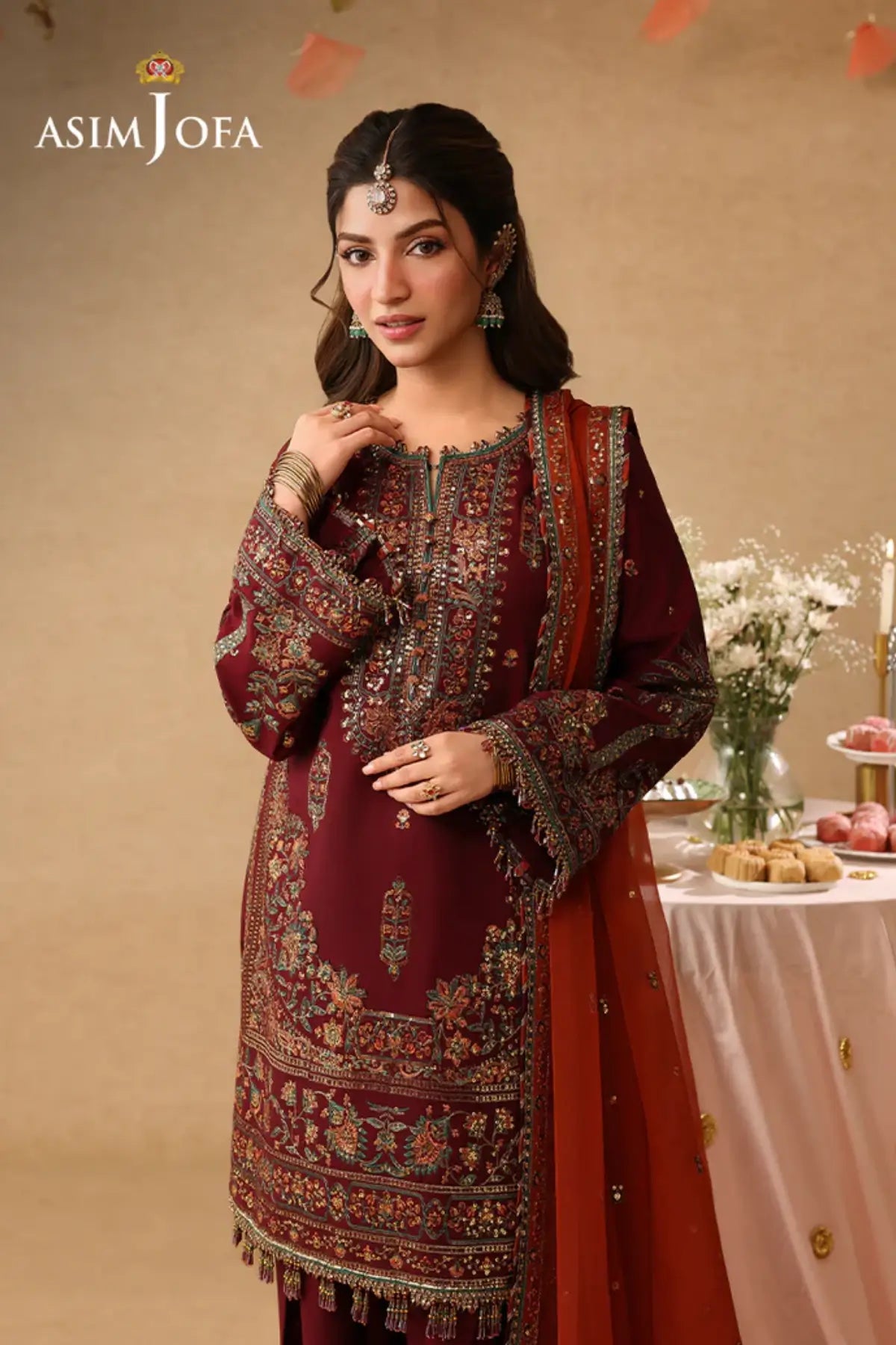 AJULIF-04 Asim Jofa Maroon Embroidered Boski Silk 3PC Suit featuring intricate antique gold embroidery, rust chiffon dupatta.