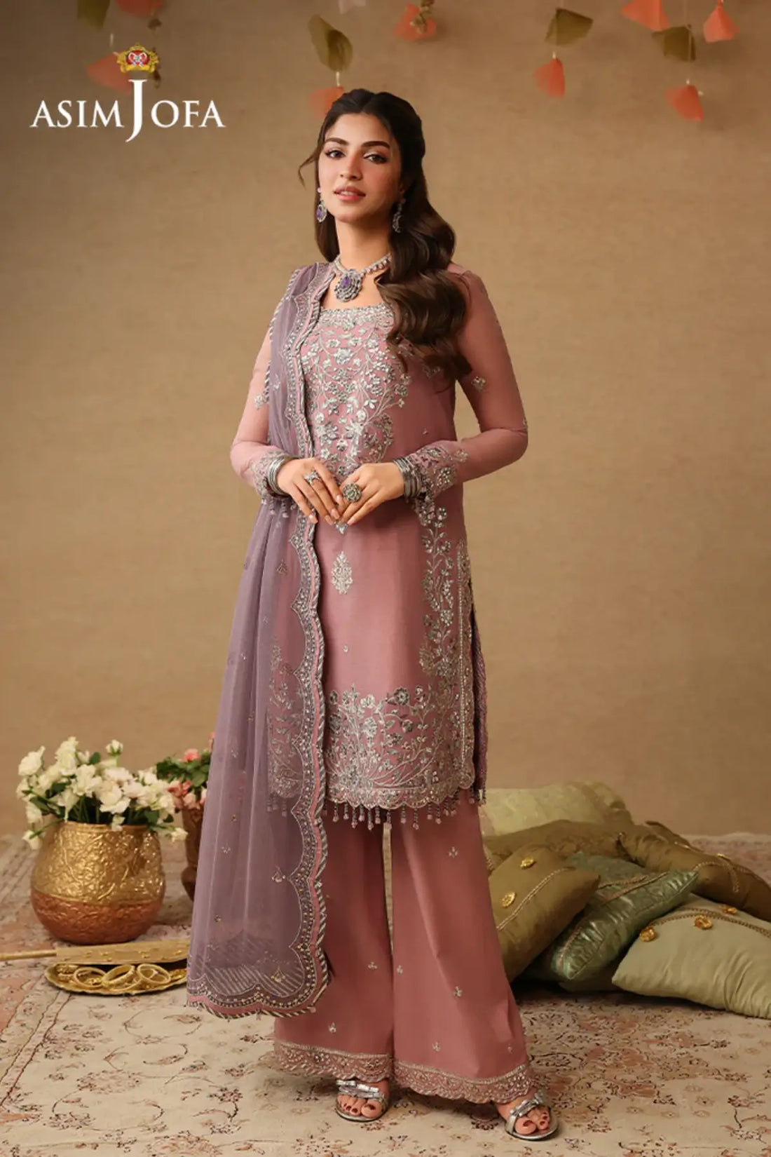 AJULIF-05 Tea Pink Embroidered Chiffon Stitched 3PC Suit by Asim Jofa featuring delicate embroidery, lavender poly net dupatta.