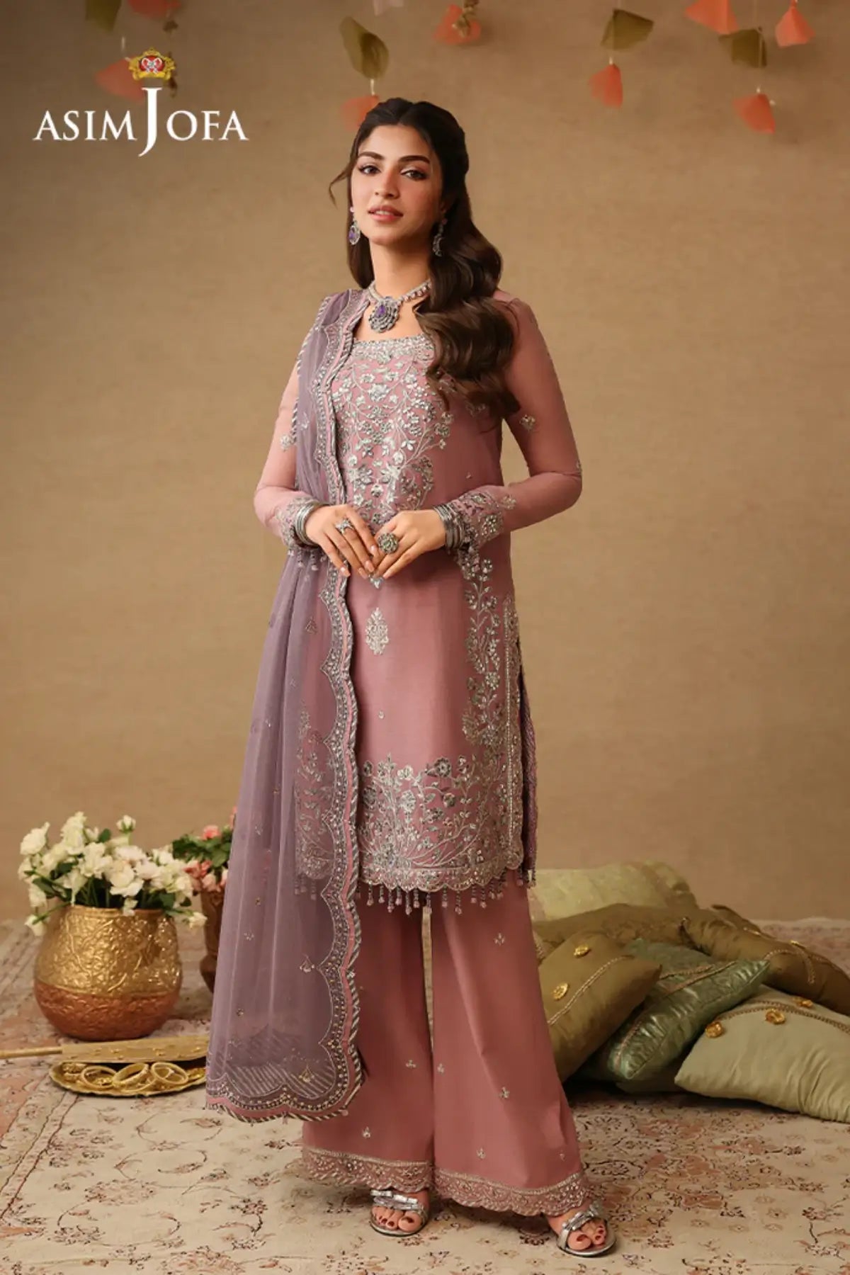AJULIF-05 Tea Pink Embroidered Chiffon Stitched 3PC Suit by Asim Jofa featuring delicate embroidery, lavender poly net dupatta.