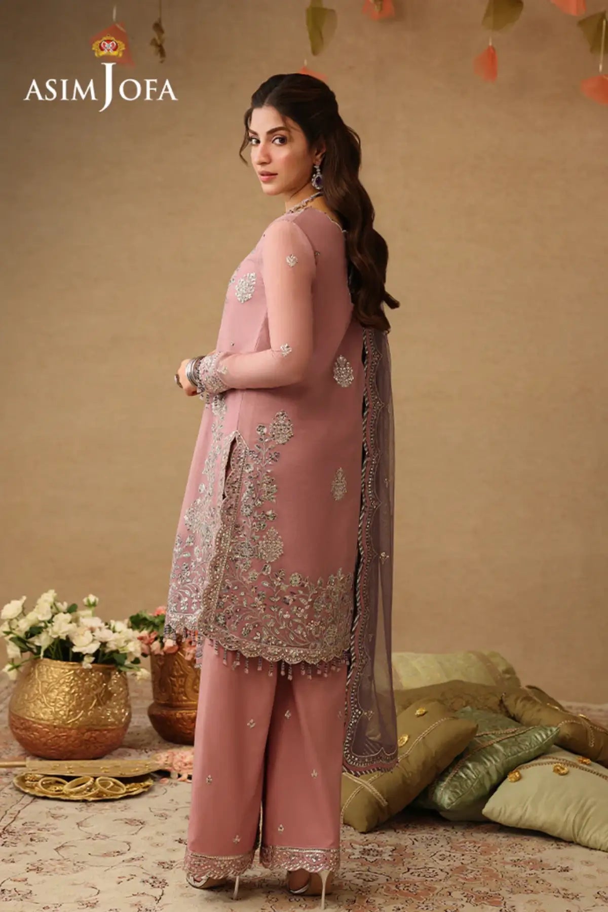 AJULIF-05 Tea Pink Embroidered Chiffon Stitched 3PC Suit by Asim Jofa featuring delicate embroidery, lavender poly net dupatta.