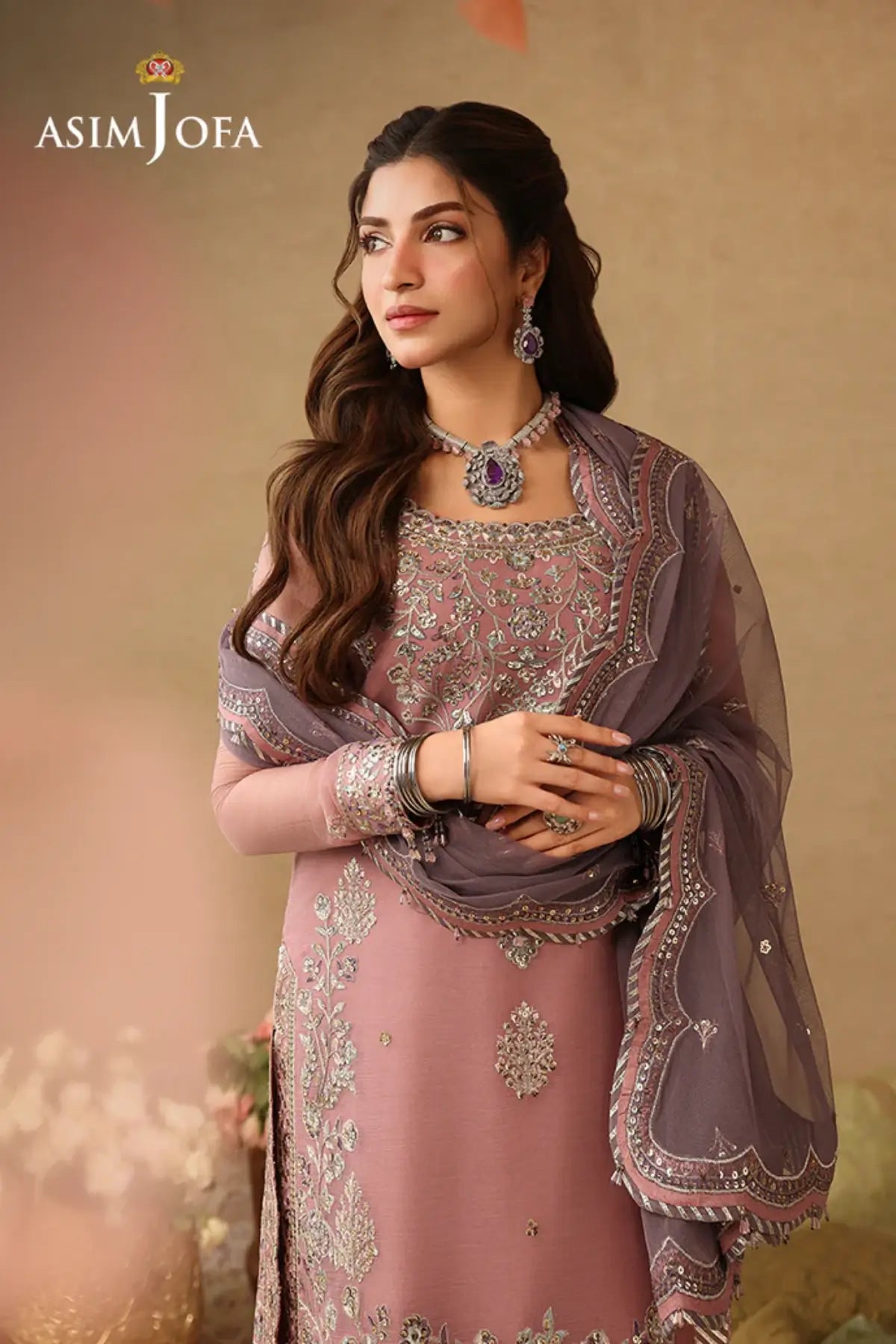 AJULIF-05 Tea Pink Embroidered Chiffon Stitched 3PC Suit by Asim Jofa featuring delicate embroidery, lavender poly net dupatta.