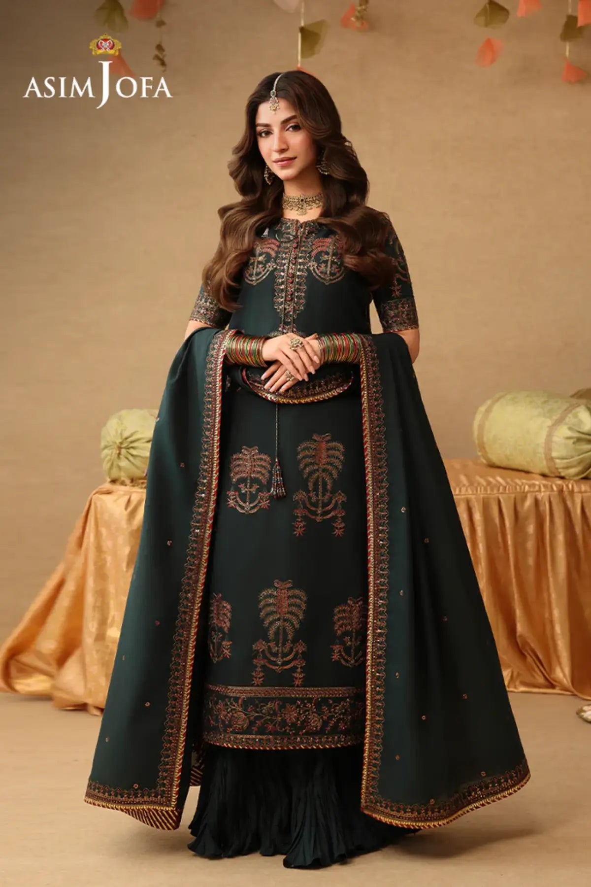 AJULIF-06 Green Paper Cotton Stitched 3PC Suit by Asim Jofa featuring intricate embroidery, premium craftsmanship.