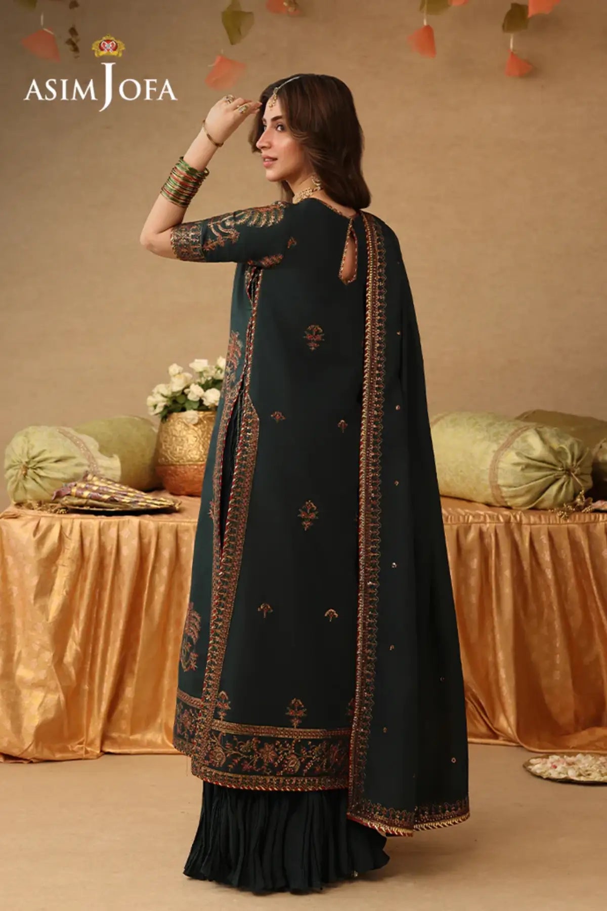 AJULIF-06 Green Paper Cotton Stitched 3PC Suit by Asim Jofa featuring intricate embroidery, premium craftsmanship.