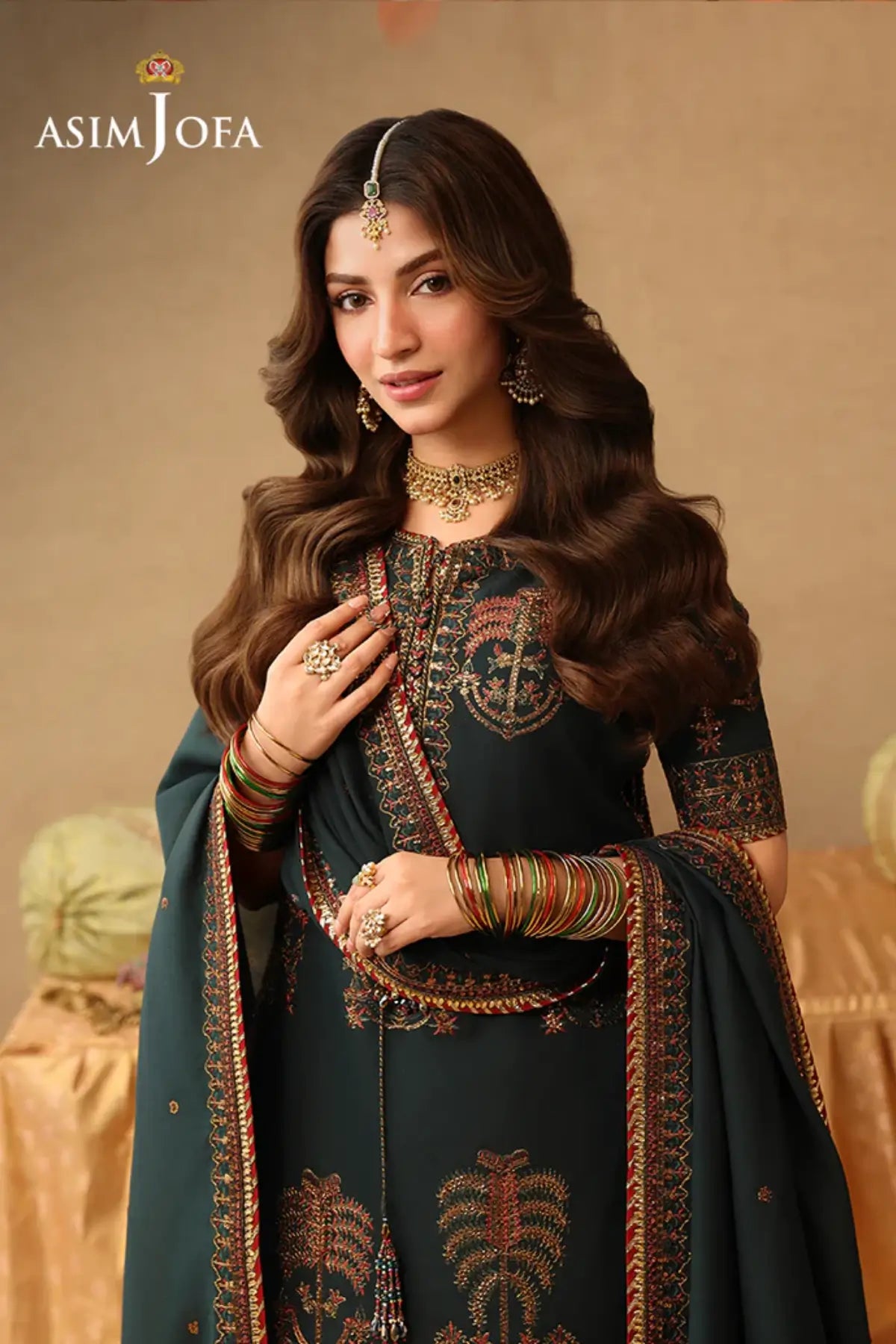AJULIF-06 Green Paper Cotton Stitched 3PC Suit by Asim Jofa featuring intricate embroidery, premium craftsmanship.
