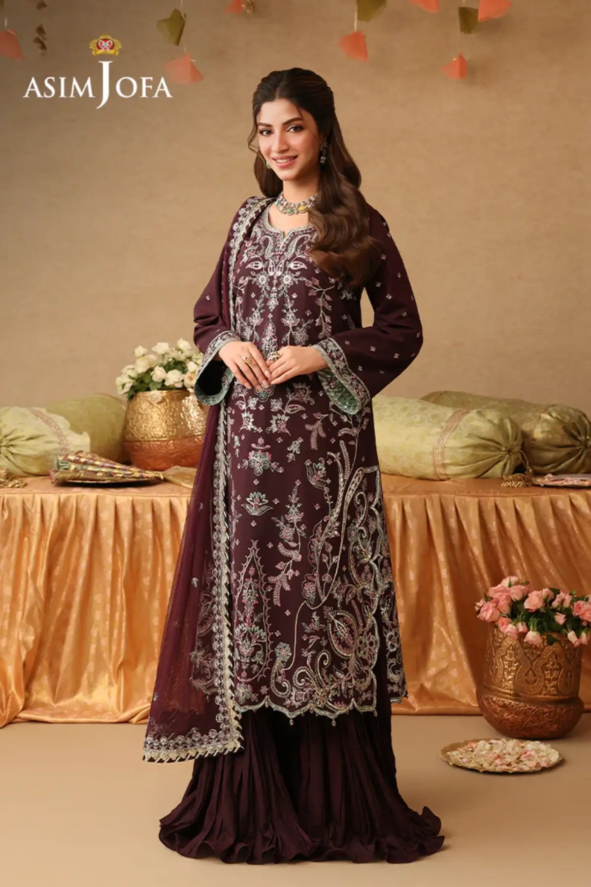 AJULIF-07 Plum Twisted Silk Stitched 3PC Suit by Asim Jofa featuring elegant embroidery, premium fabric, and festive Pakistani designer wear.