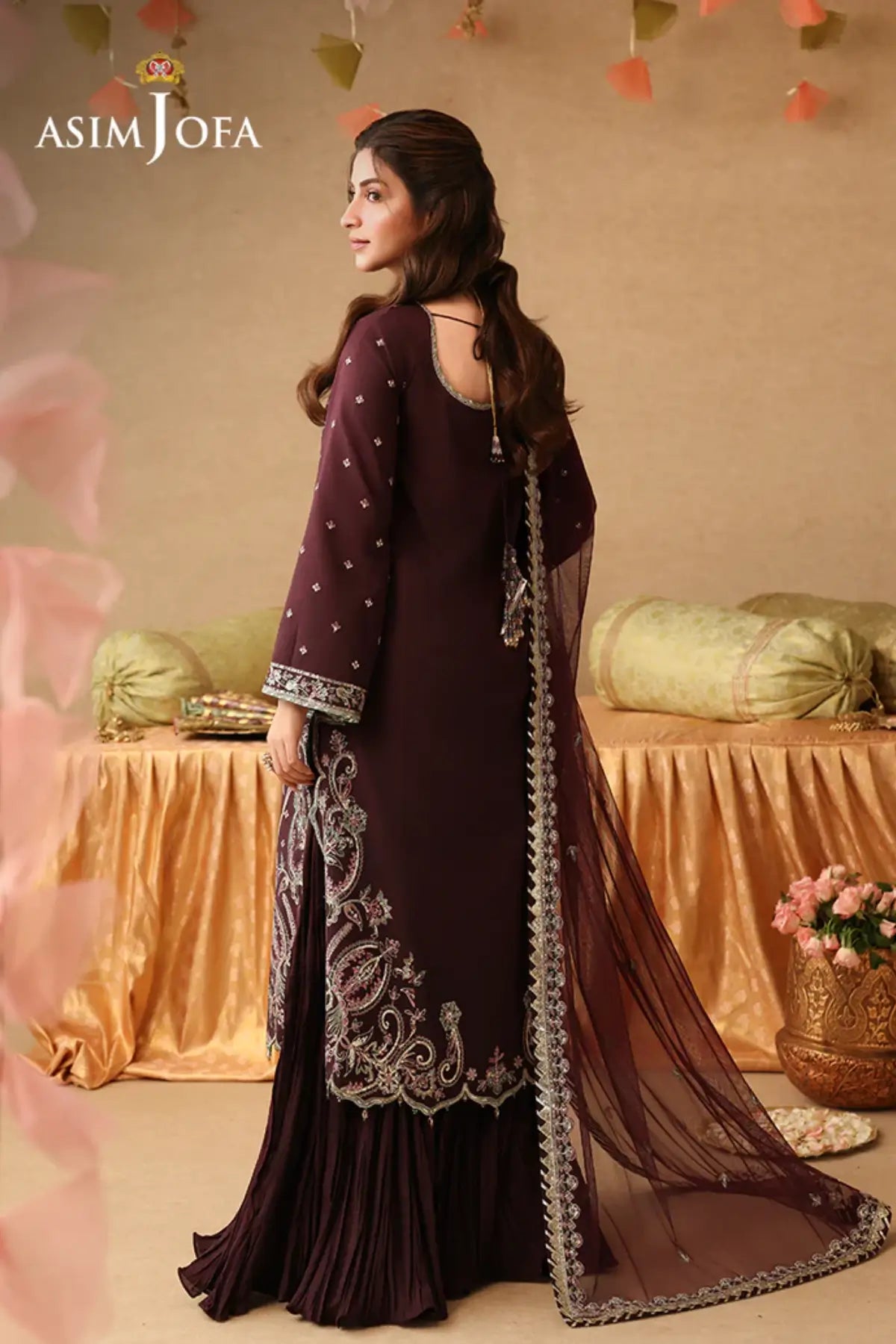 AJULIF-07 Plum Twisted Silk Stitched 3PC Suit by Asim Jofa featuring elegant embroidery, premium fabric, and festive Pakistani designer wear.
