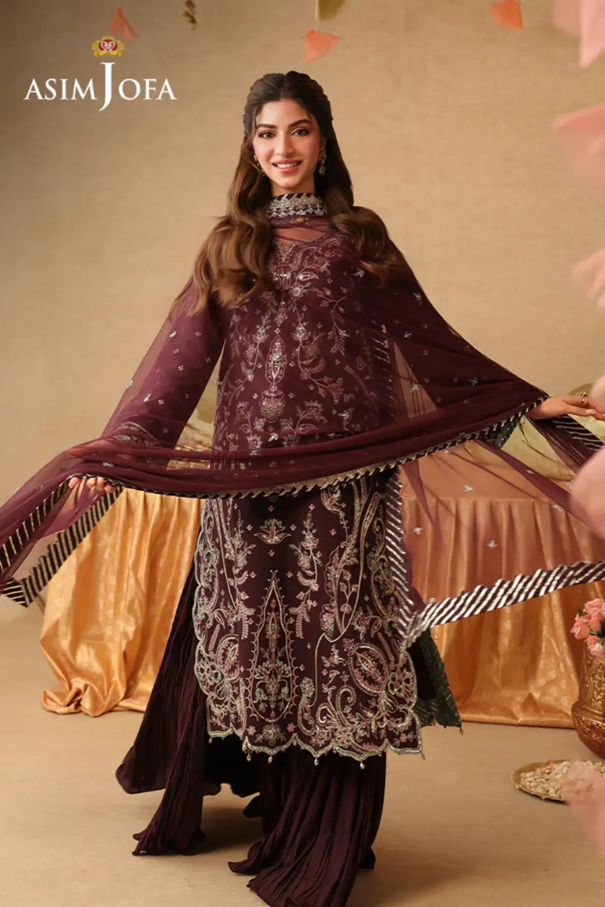 AJULIF-07 Plum Twisted Silk Stitched 3PC Suit by Asim Jofa featuring elegant embroidery, premium fabric, and festive Pakistani designer wear.