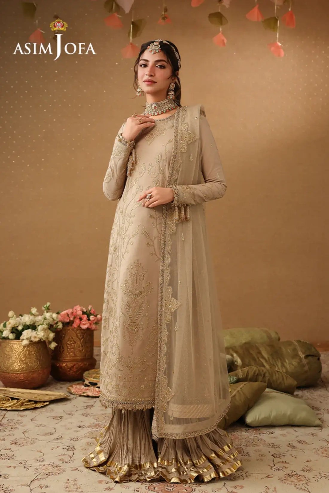 AJULIF-08 Beige Boski Silk Stitched 3PC Suit by Asim Jofa with elegant gold embroidery, poly net dupatta.