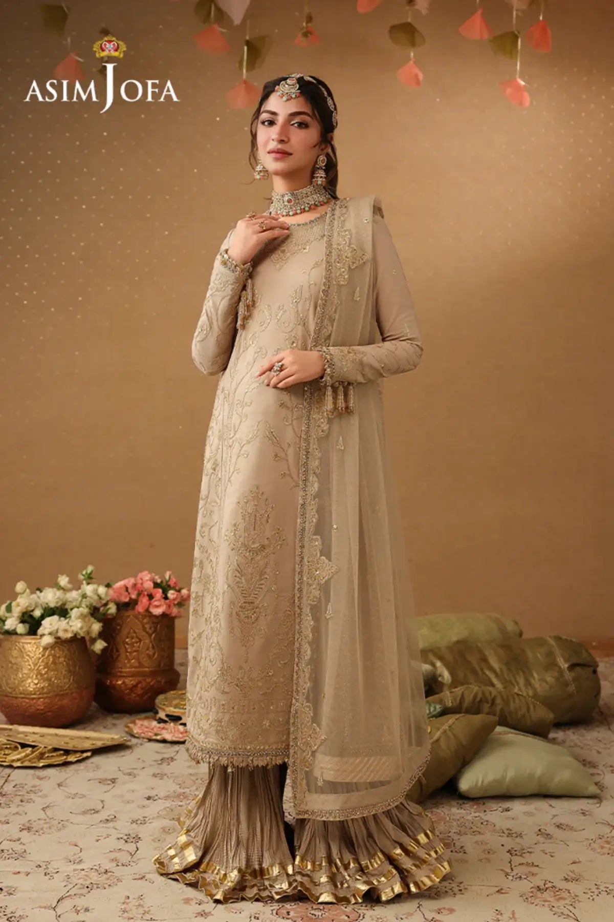AJULIF-08 Beige Boski Silk Stitched 3PC Suit by Asim Jofa with elegant gold embroidery, poly net dupatta.