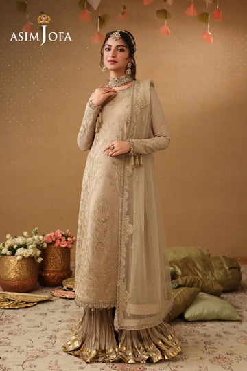 AJULIF-08 Beige Boski Silk Stitched 3PC Suit by Asim Jofa with elegant gold embroidery, poly net dupatta.