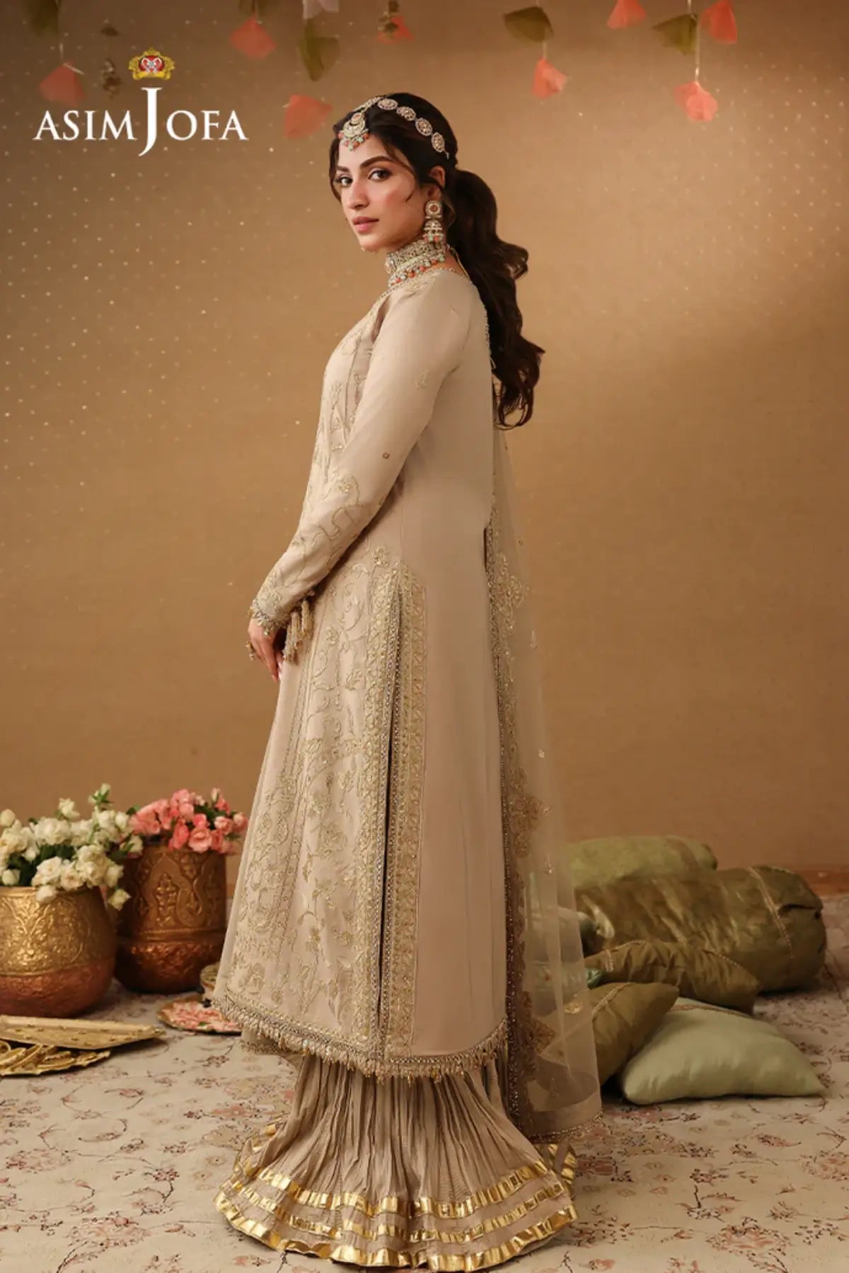AJULIF-08 Beige Boski Silk Stitched 3PC Suit by Asim Jofa with elegant gold embroidery, poly net dupatta.