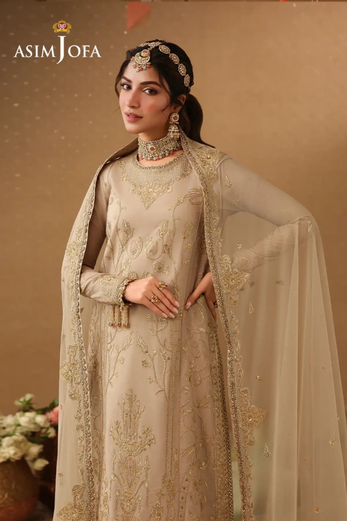 AJULIF-08 Beige Boski Silk Stitched 3PC Suit by Asim Jofa with elegant gold embroidery, poly net dupatta.