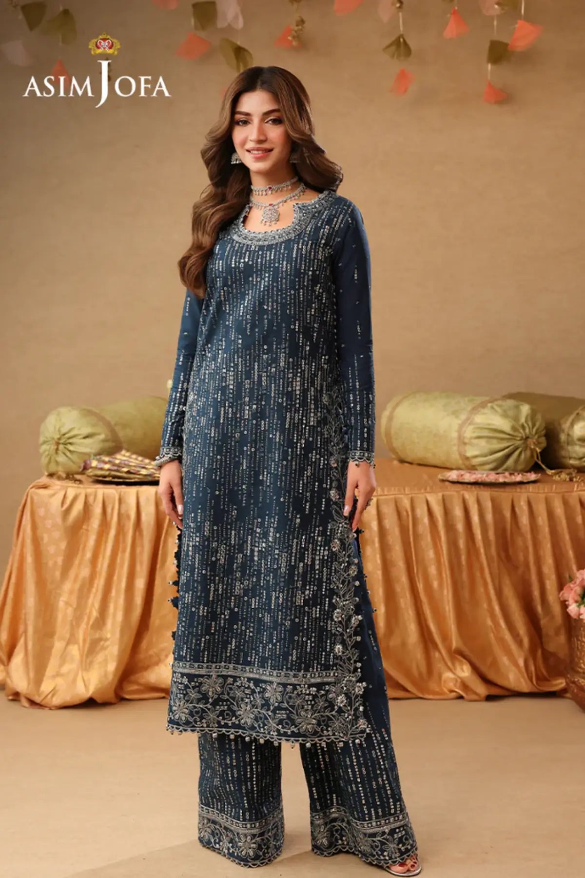 AJULIF-09 Teal Boski Silk Stitched 2PC Suit by Asim Jofa with intricate silver embroidery, premium festive Pakistani designer wear.