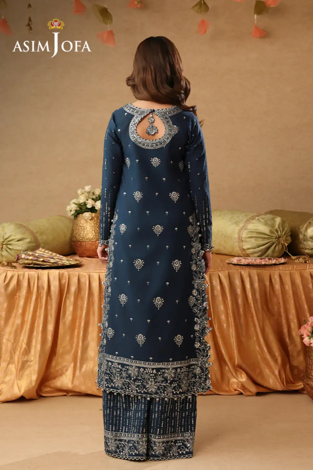 AJULIF-09 Teal Boski Silk Stitched 2PC Suit by Asim Jofa with intricate silver embroidery, premium festive Pakistani designer wear.