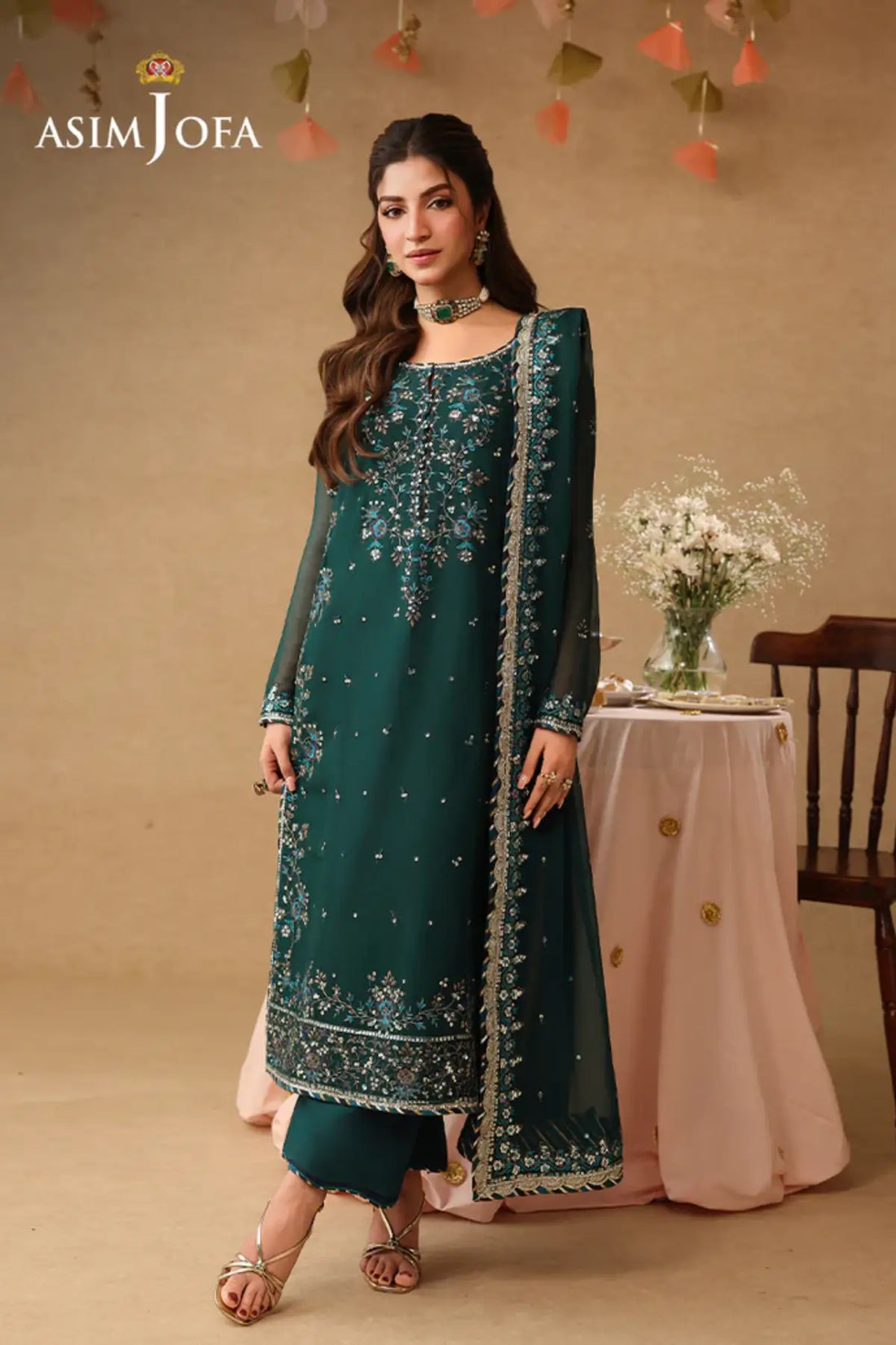 AJULIF-10 Teal Festive Chiffon Stitched 3PC Suit by Asim Jofa featuring elegant embroidery, chiffon dupatta.