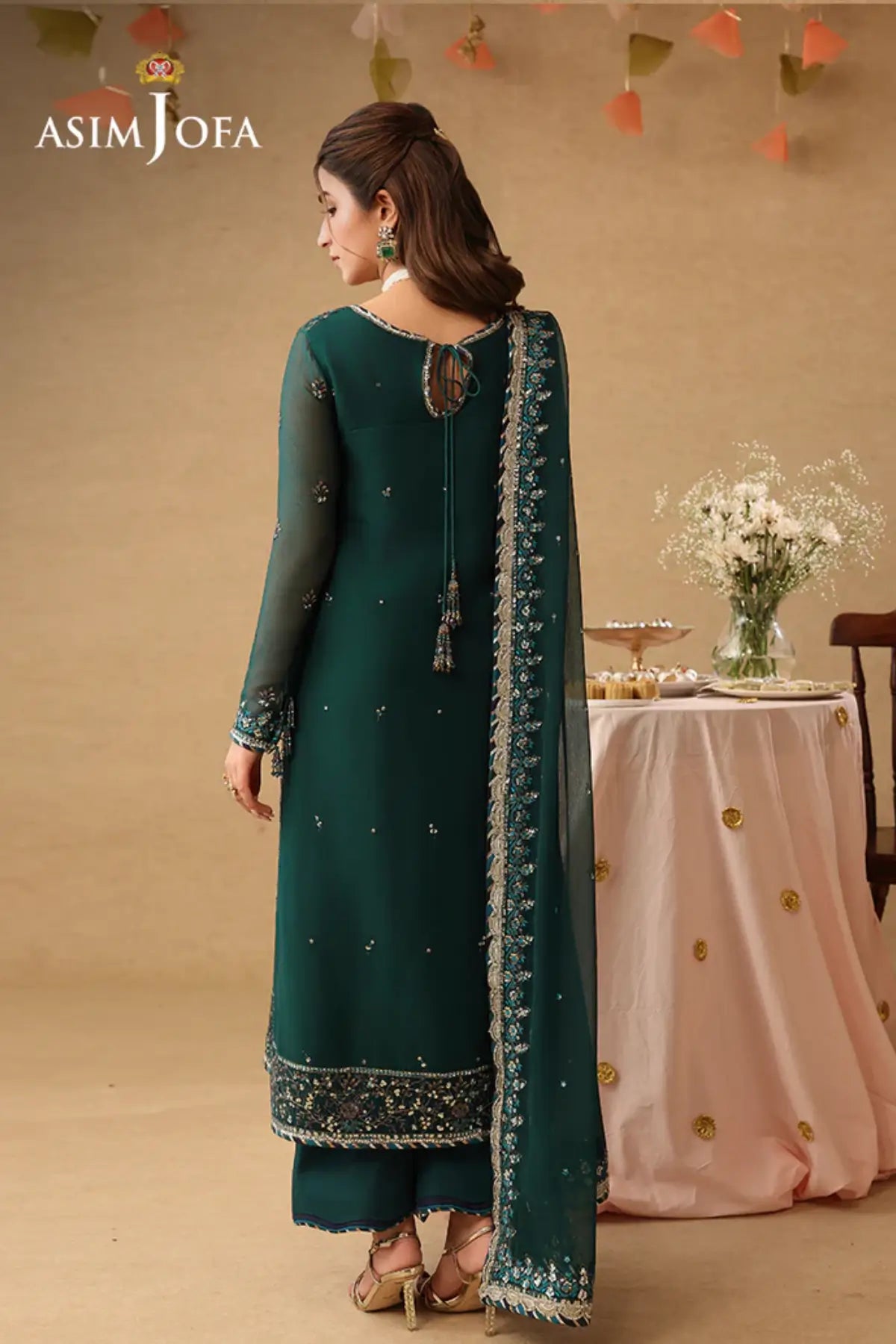 AJULIF-10 Teal Festive Chiffon Stitched 3PC Suit by Asim Jofa featuring elegant embroidery, chiffon dupatta.