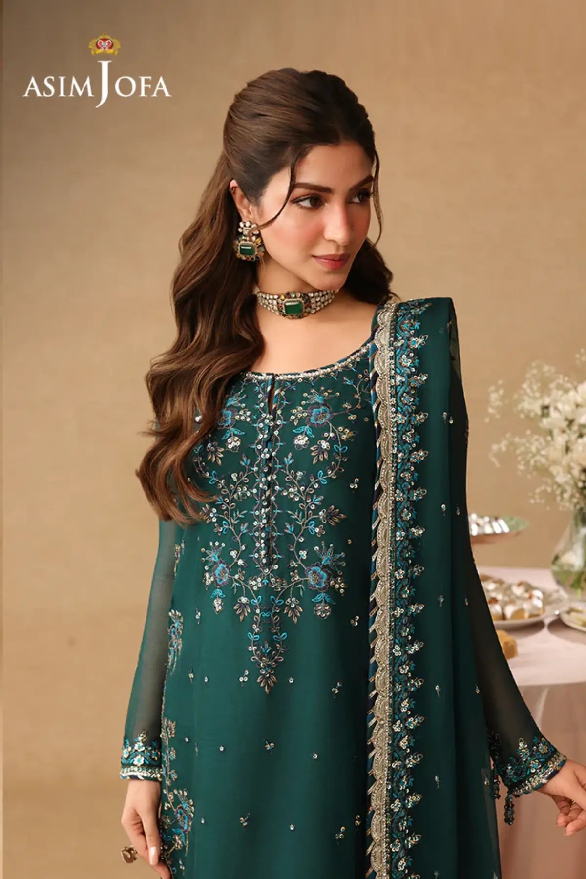 AJULIF-10 Teal Festive Chiffon Stitched 3PC Suit by Asim Jofa featuring elegant embroidery, chiffon dupatta.