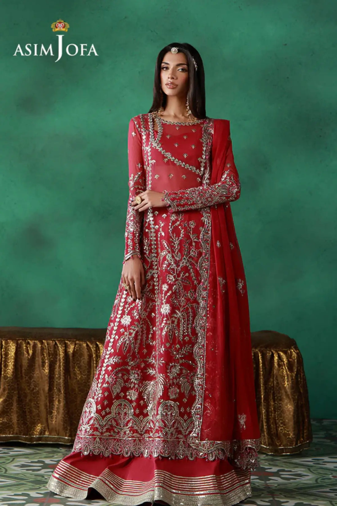 AJULN-01 Asim Jofa Wedding Festive Collection pink stitched chiffon 3PC suit with dupatta and boski silk trouser