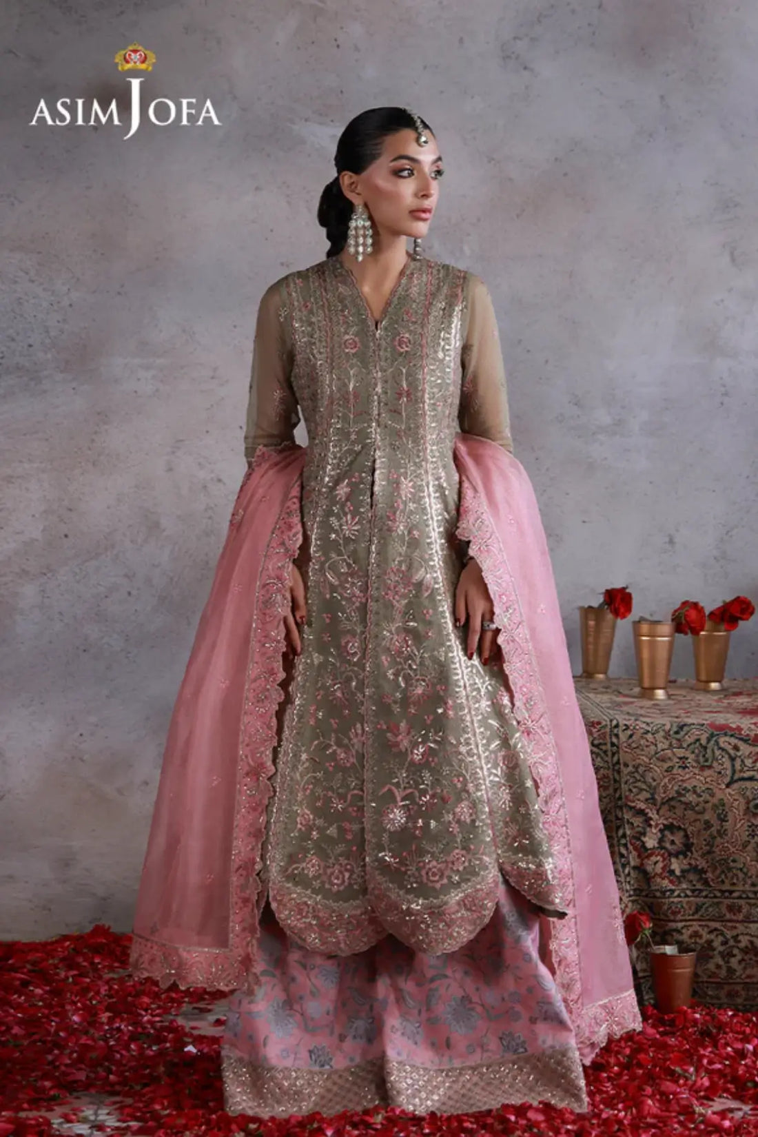 AJULN-02 Asim Jofa Wedding Festive Collection green stitched net Anarkali 3PC with pink dupatta and boski silk trouser