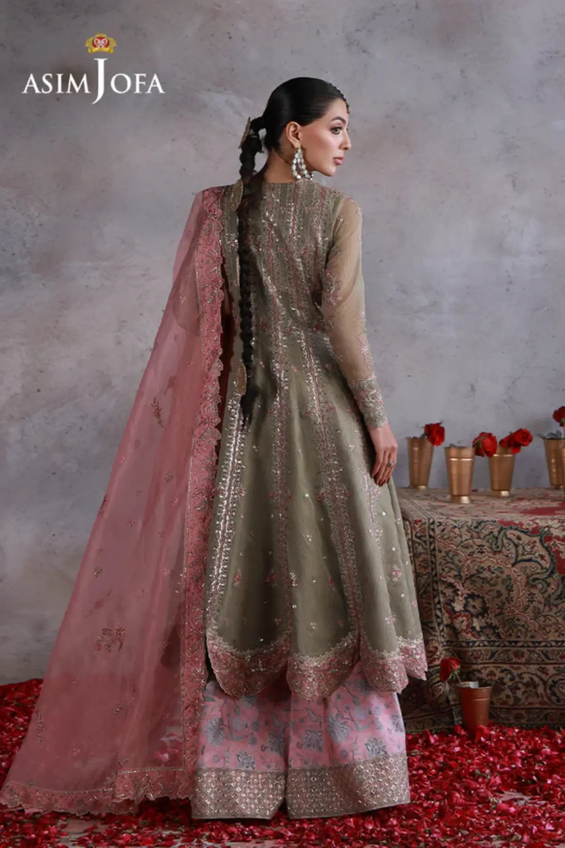 AJULN-02 Asim Jofa Wedding Festive Collection green stitched net Anarkali 3PC with pink dupatta and boski silk trouser