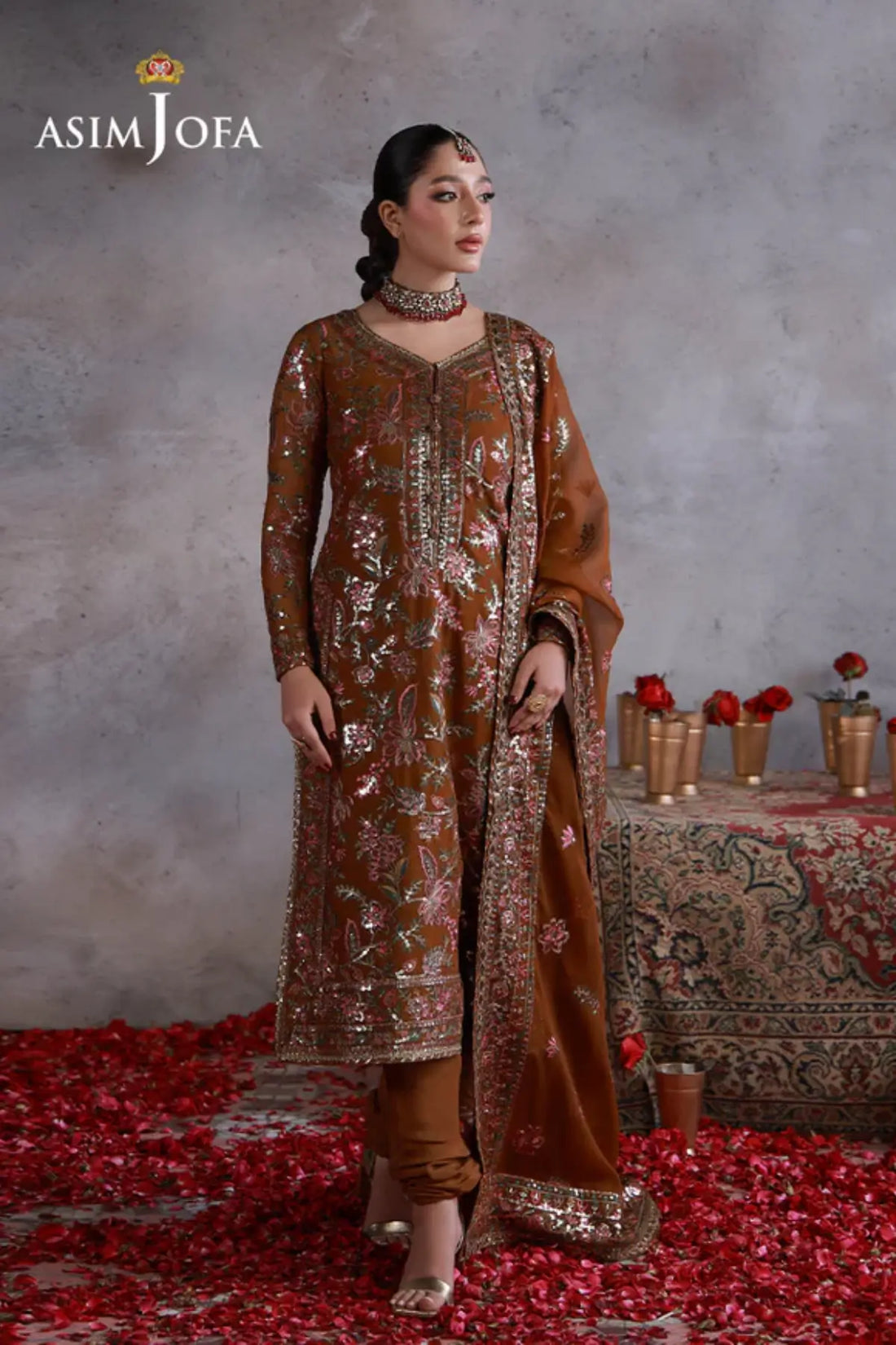 AJULN-03 Asim Jofa Wedding Festive Collection mustard stitched chiffon 3PC suit with dupatta and super silk trouser Pakistanimoda
