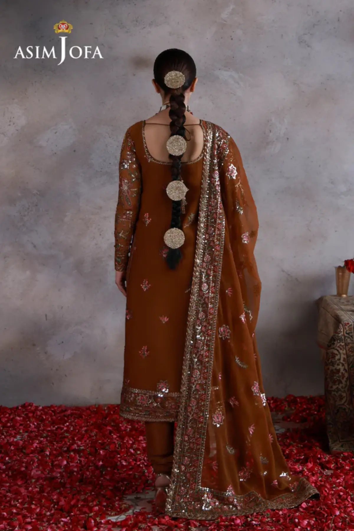 AJULN-03 Asim Jofa Wedding Festive Collection mustard stitched chiffon 3PC suit with dupatta and super silk trouser Pakistanimoda